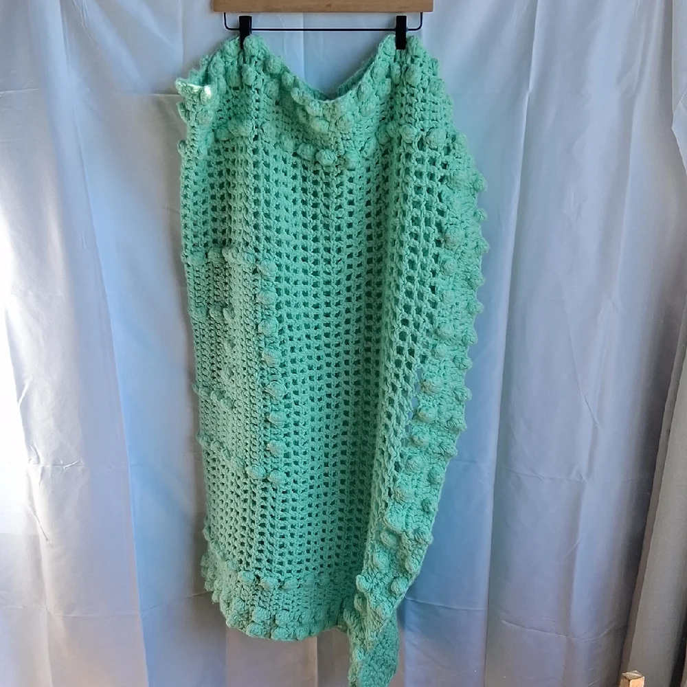 Handmade Vintage Crochet Throw Blanket Green